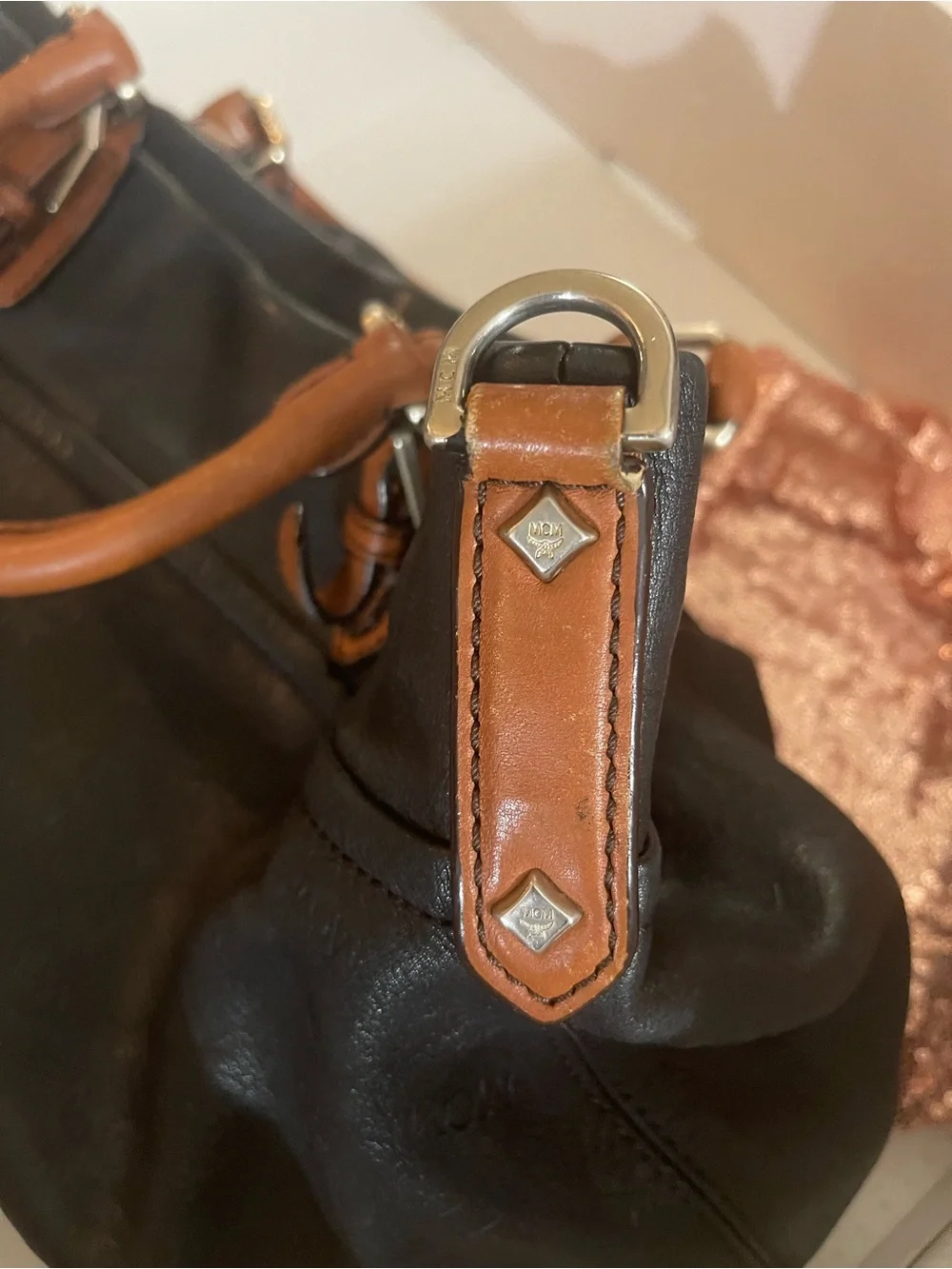 Vintage- MCM Black Leather Tote with Brown Trim and Gold Hardware